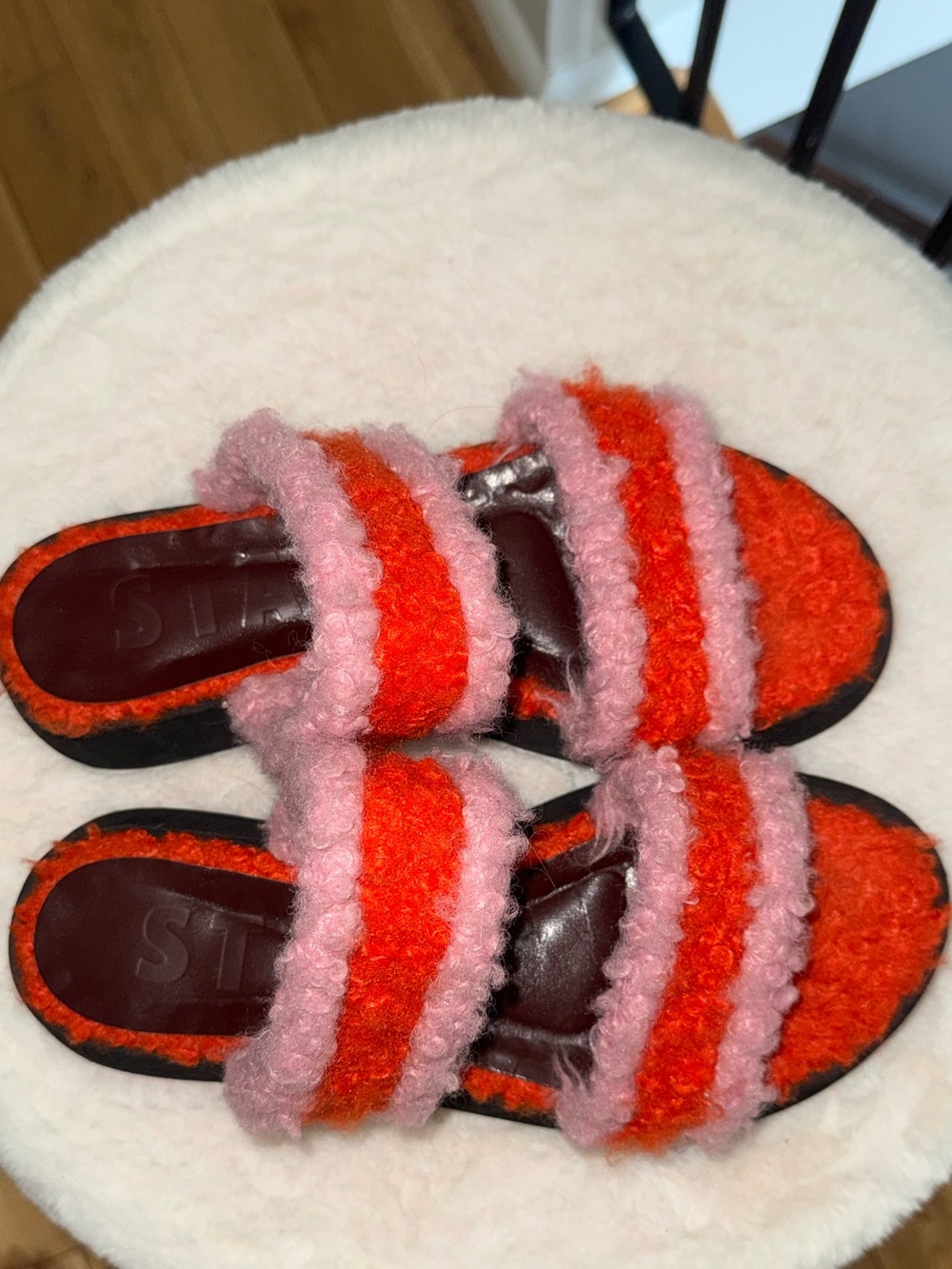 STAUD Orange & Pink Shearling Slides